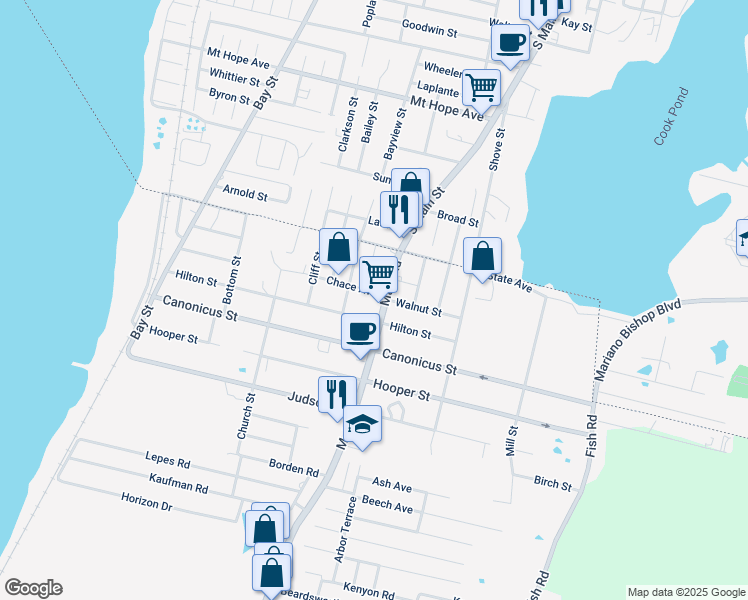 map of restaurants, bars, coffee shops, grocery stores, and more near 63 Main Road in Tiverton