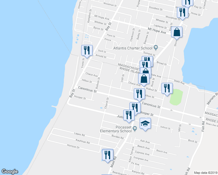 map of restaurants, bars, coffee shops, grocery stores, and more near 135 Hilton Street in Tiverton