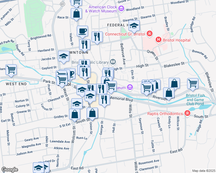 map of restaurants, bars, coffee shops, grocery stores, and more near 150 Main Street in Bristol