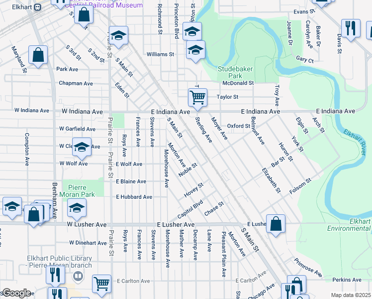 map of restaurants, bars, coffee shops, grocery stores, and more near 1601 South Main Street in Elkhart