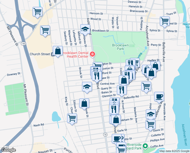 map of restaurants, bars, coffee shops, grocery stores, and more near 489 Ashley Boulevard in New Bedford