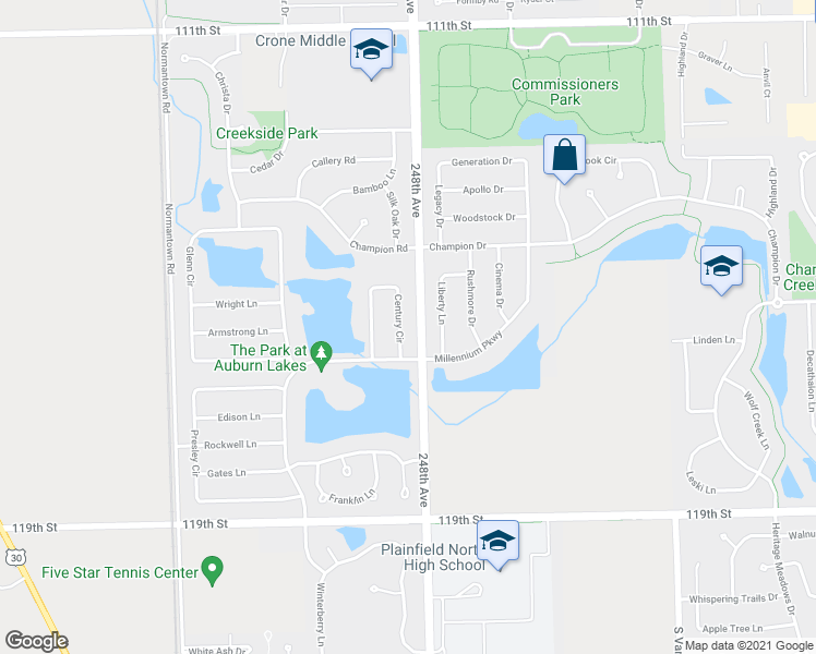 map of restaurants, bars, coffee shops, grocery stores, and more near 11632 Century Circle in Plainfield