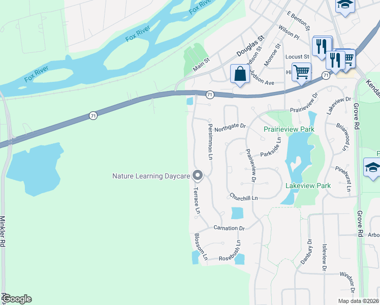 map of restaurants, bars, coffee shops, grocery stores, and more near 223 Paradise Parkway in Oswego
