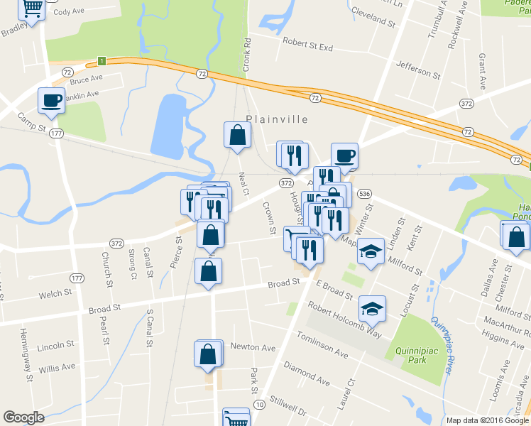 map of restaurants, bars, coffee shops, grocery stores, and more near 11 Crown Street in Plainville
