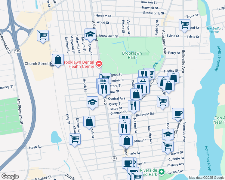 map of restaurants, bars, coffee shops, grocery stores, and more near 275 Shaw Street in New Bedford
