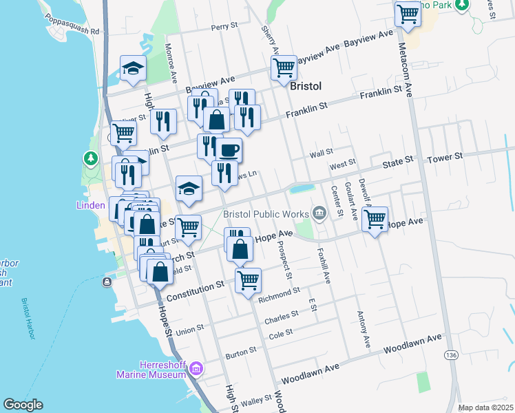 map of restaurants, bars, coffee shops, grocery stores, and more near 46 First School Street in Bristol