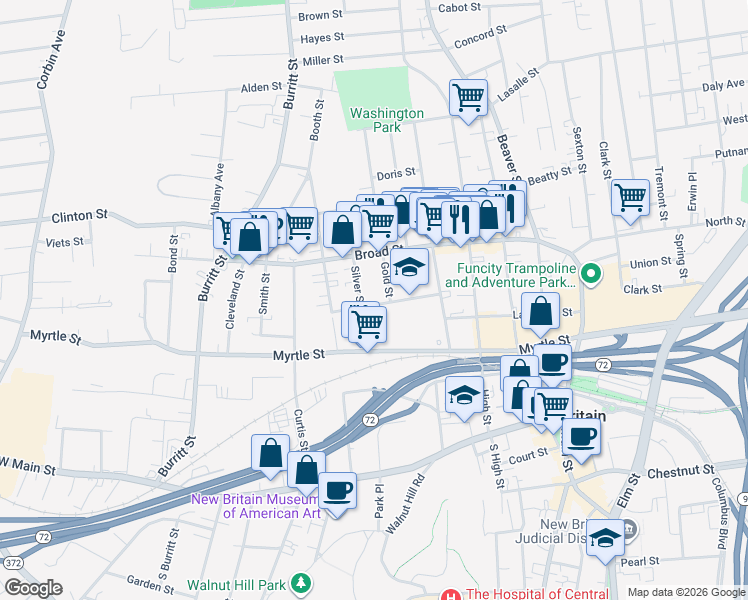 map of restaurants, bars, coffee shops, grocery stores, and more near 89 Orange Street in New Britain