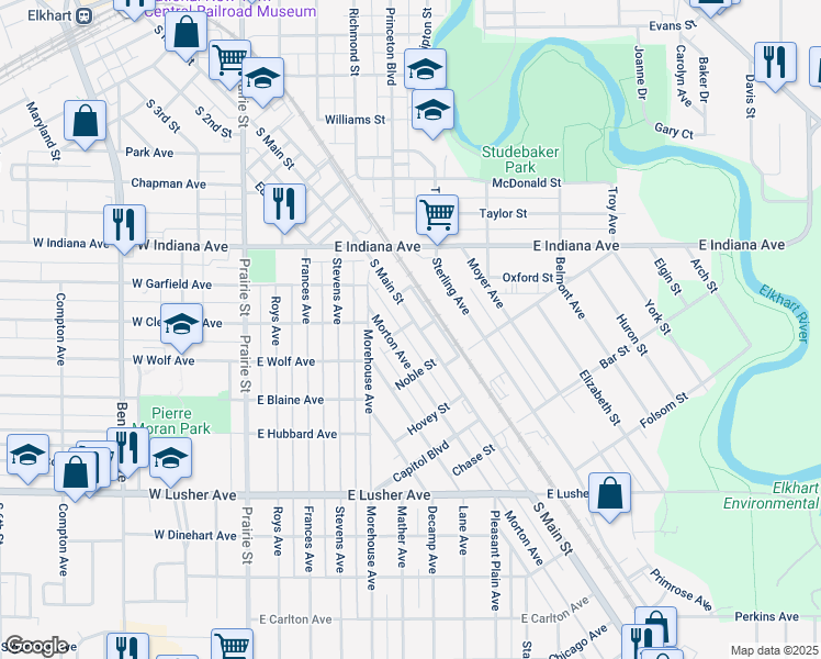map of restaurants, bars, coffee shops, grocery stores, and more near 1601 South Main Street in Elkhart