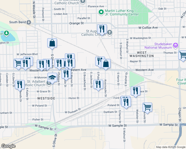 map of restaurants, bars, coffee shops, grocery stores, and more near 413 South Jackson Street in South Bend