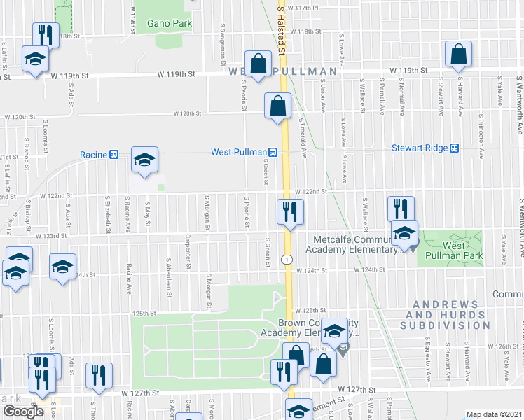 map of restaurants, bars, coffee shops, grocery stores, and more near 12229 South Peoria Street in Chicago