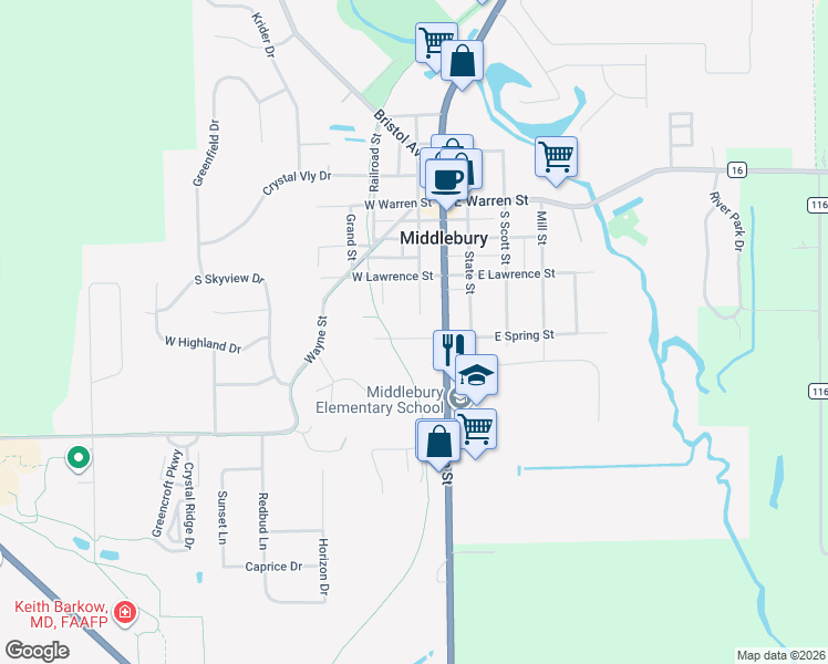 map of restaurants, bars, coffee shops, grocery stores, and more near 200 Spring Street in Middlebury