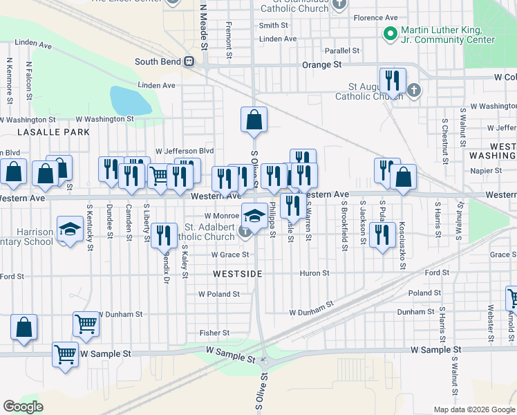 map of restaurants, bars, coffee shops, grocery stores, and more near 416 South Olive Street in South Bend