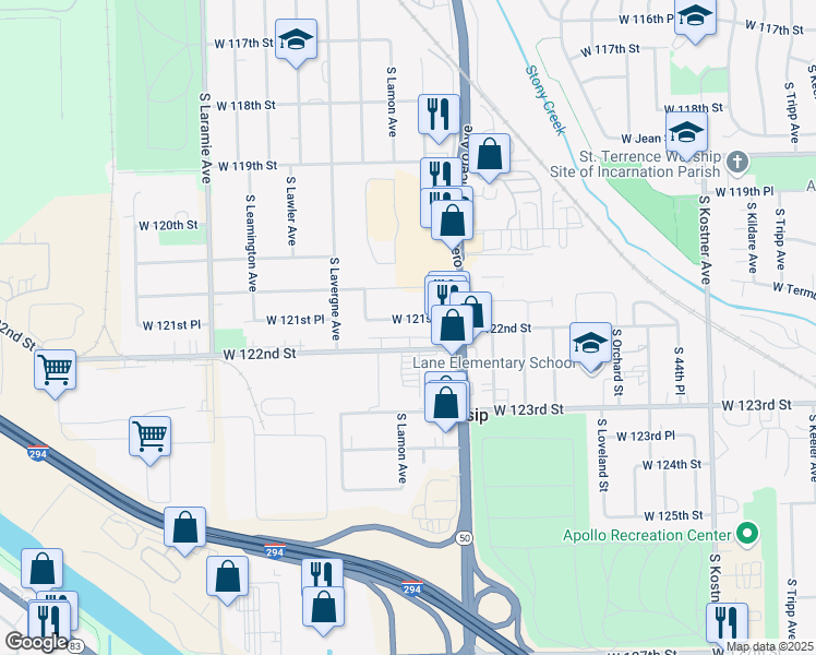 map of restaurants, bars, coffee shops, grocery stores, and more near 4835 West 121st Place in Chicago