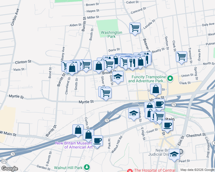 map of restaurants, bars, coffee shops, grocery stores, and more near 89 Orange Street in New Britain