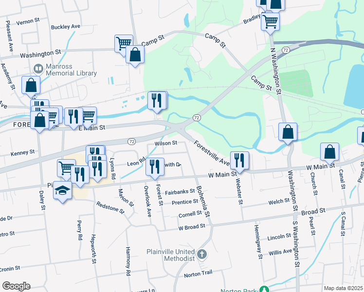 map of restaurants, bars, coffee shops, grocery stores, and more near 19 Bohemia Street in Plainville