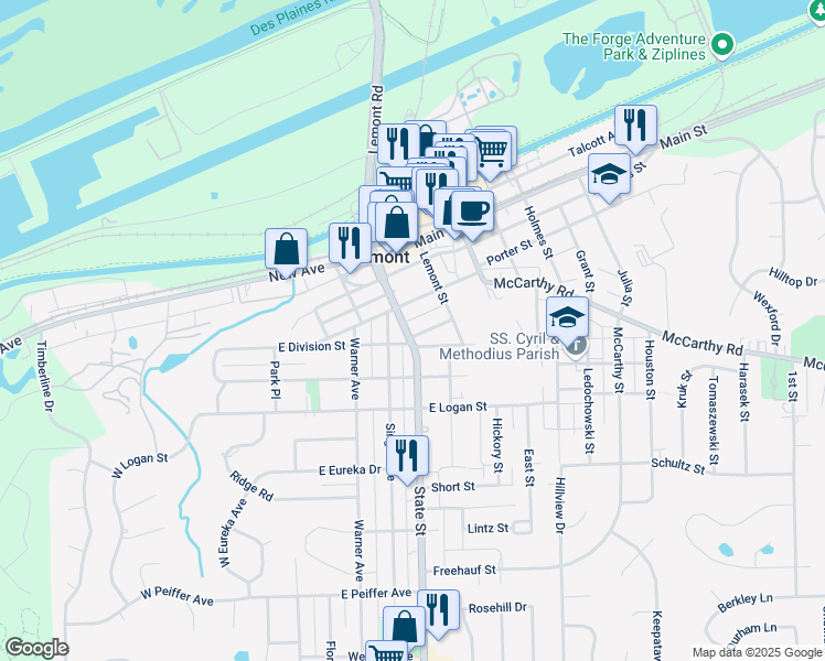 map of restaurants, bars, coffee shops, grocery stores, and more near 203 Lincoln Street in Lemont