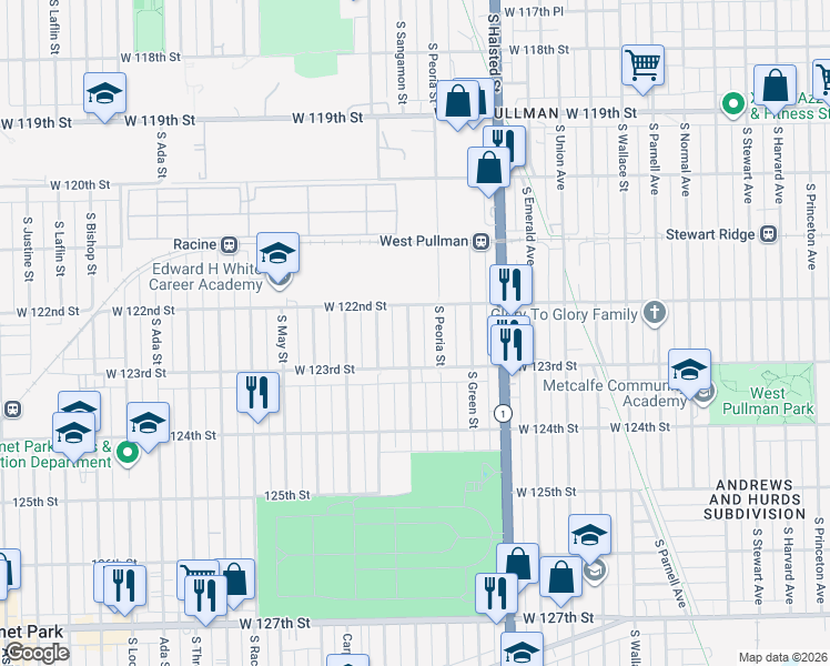map of restaurants, bars, coffee shops, grocery stores, and more near 12227 South Sangamon Street in Chicago