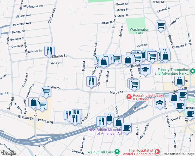 map of restaurants, bars, coffee shops, grocery stores, and more near 114 Cleveland Street in New Britain