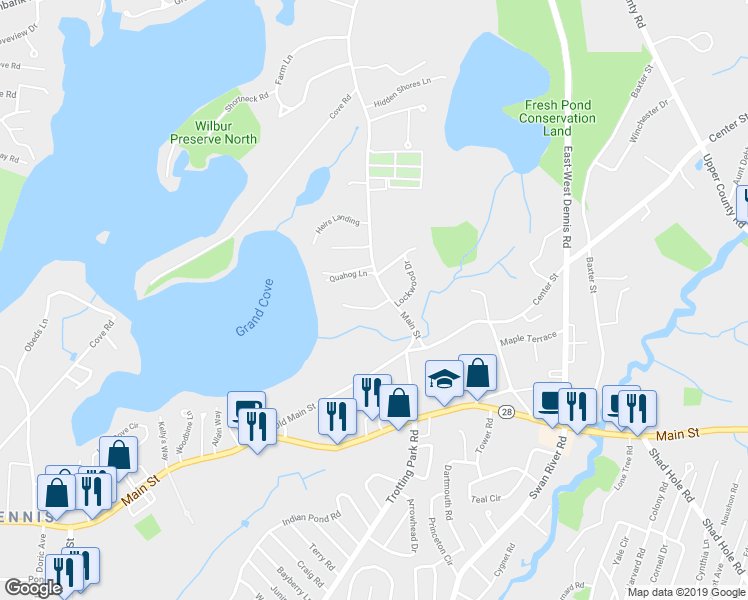 map of restaurants, bars, coffee shops, grocery stores, and more near 6 Pinefield Lane in Dennis