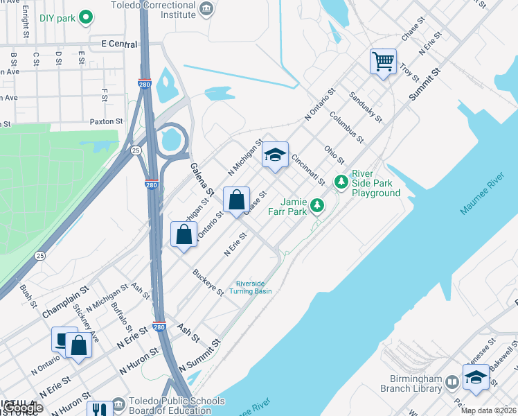 map of restaurants, bars, coffee shops, grocery stores, and more near 2101 North Erie Street in Toledo