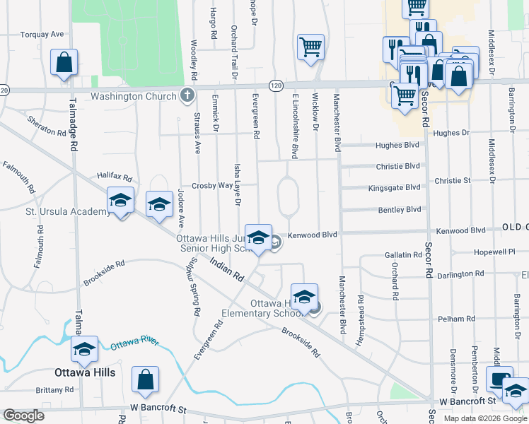 map of restaurants, bars, coffee shops, grocery stores, and more near 2702 Evergreen Road in Toledo