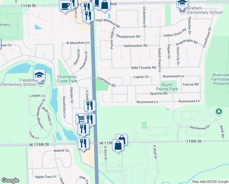 map of restaurants, bars, coffee shops, grocery stores, and more near 2823 Cordgrass Road in Naperville