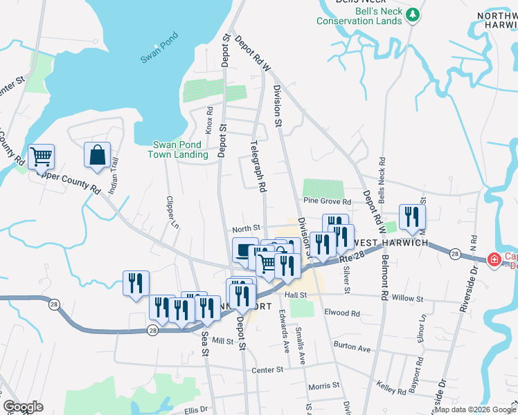map of restaurants, bars, coffee shops, grocery stores, and more near 85 Telegraph Road in Dennis