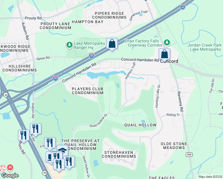 map of restaurants, bars, coffee shops, grocery stores, and more near 7311 Mountain Quail Place in Painesville