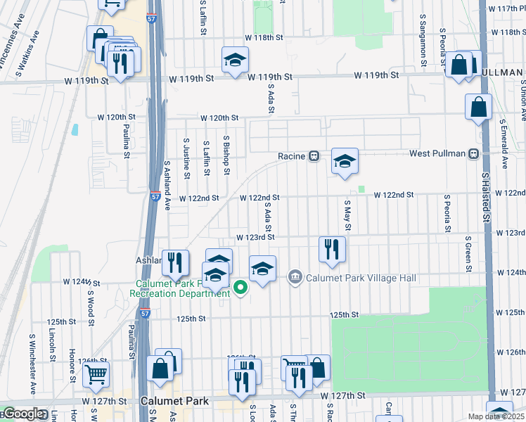 map of restaurants, bars, coffee shops, grocery stores, and more near 12218 South Ada Street in Chicago