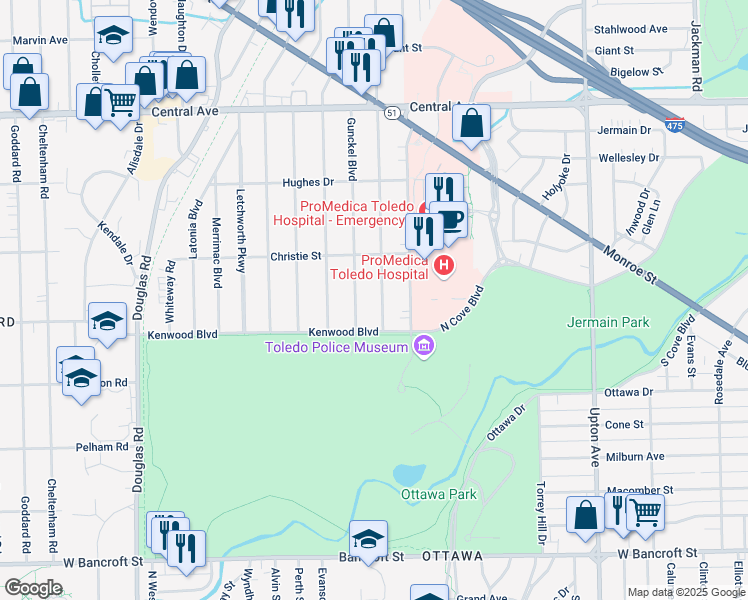 map of restaurants, bars, coffee shops, grocery stores, and more near 2633 Northwood Avenue in Toledo