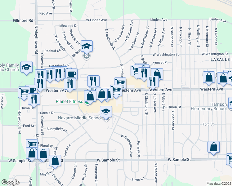 map of restaurants, bars, coffee shops, grocery stores, and more near 4560-4674 West Western Avenue in South Bend