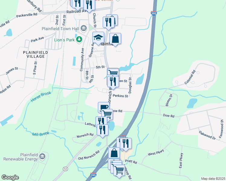 map of restaurants, bars, coffee shops, grocery stores, and more near 722 Norwich Road in Plainfield