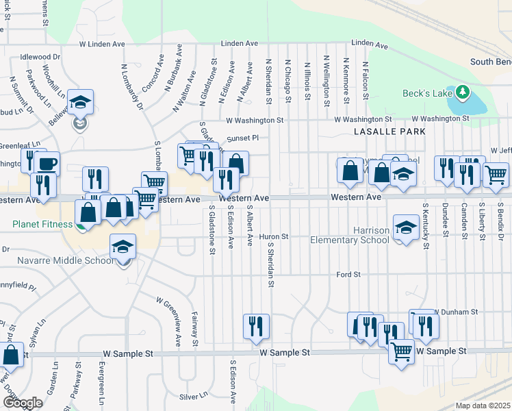map of restaurants, bars, coffee shops, grocery stores, and more near 4014 West Western Avenue in South Bend