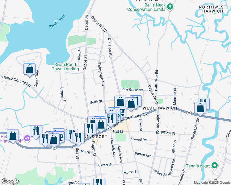map of restaurants, bars, coffee shops, grocery stores, and more near 203 Division Street in Dennis