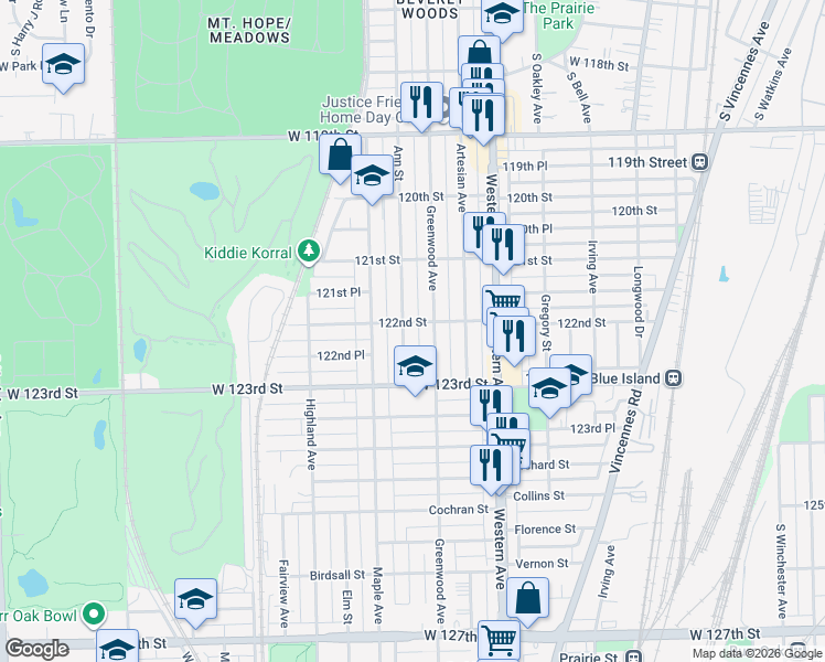 map of restaurants, bars, coffee shops, grocery stores, and more near 12205 Ann Street in Blue Island