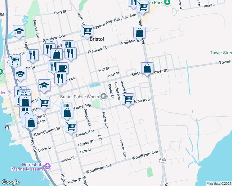 map of restaurants, bars, coffee shops, grocery stores, and more near 11 Goulart Avenue in Bristol