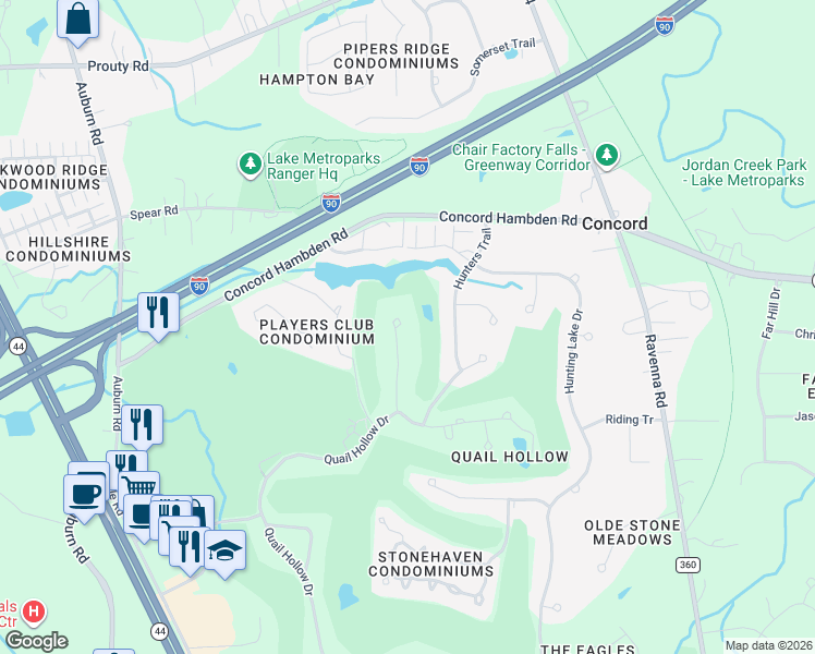 map of restaurants, bars, coffee shops, grocery stores, and more near 7311 Mountain Quail Place in Painesville