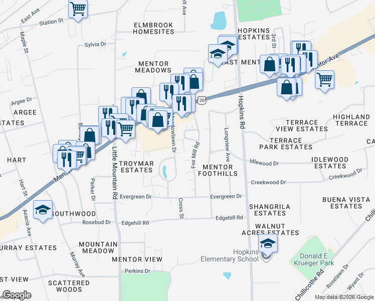 map of restaurants, bars, coffee shops, grocery stores, and more near 7311 Trotter Lane in Mentor