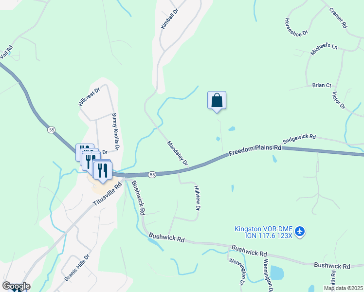 map of restaurants, bars, coffee shops, grocery stores, and more near 5 Mandalay Drive in Poughkeepsie