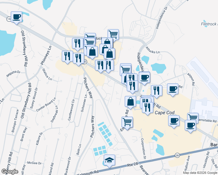 map of restaurants, bars, coffee shops, grocery stores, and more near 832 Bearses Way in Barnstable