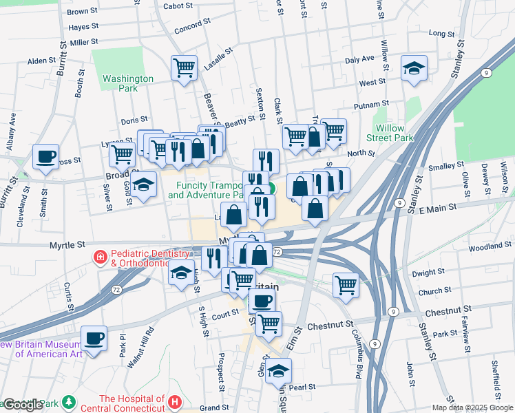 map of restaurants, bars, coffee shops, grocery stores, and more near 516 Main Street in New Britain
