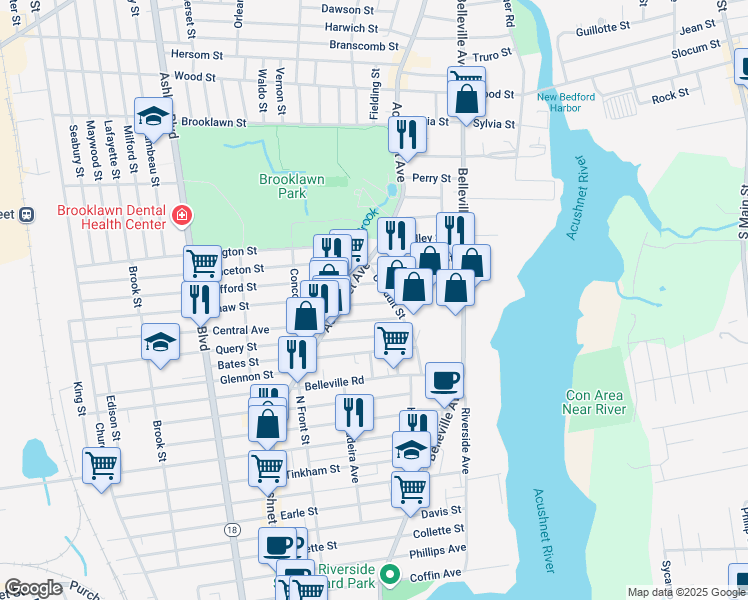 map of restaurants, bars, coffee shops, grocery stores, and more near 103 Shaw Street in New Bedford