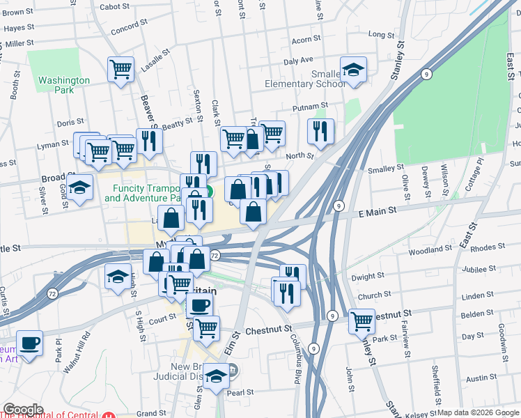 map of restaurants, bars, coffee shops, grocery stores, and more near 220 East Main Street in New Britain