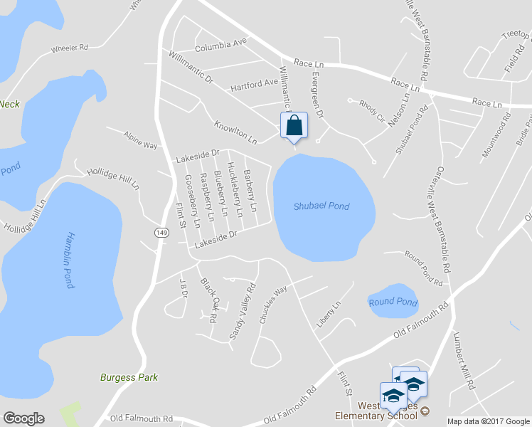 map of restaurants, bars, coffee shops, grocery stores, and more near 261 Lakeside Drive in Barnstable