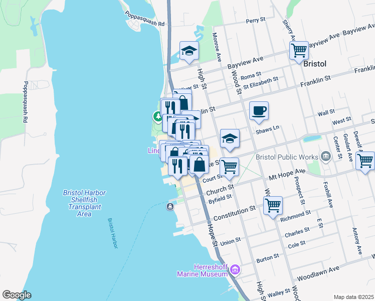 map of restaurants, bars, coffee shops, grocery stores, and more near 549 Hope Street in Bristol