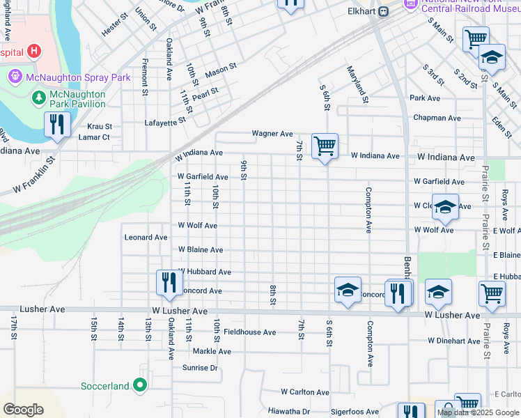 map of restaurants, bars, coffee shops, grocery stores, and more near 1700-1798 9th Street in Elkhart