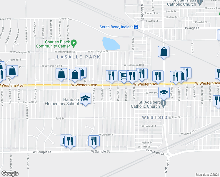 map of restaurants, bars, coffee shops, grocery stores, and more near 423 Camden Street in South Bend