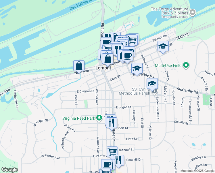 map of restaurants, bars, coffee shops, grocery stores, and more near 203 Lincoln Street in Lemont