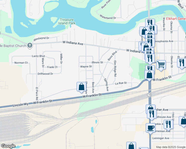 map of restaurants, bars, coffee shops, grocery stores, and more near 56661 Best Avenue in Elkhart