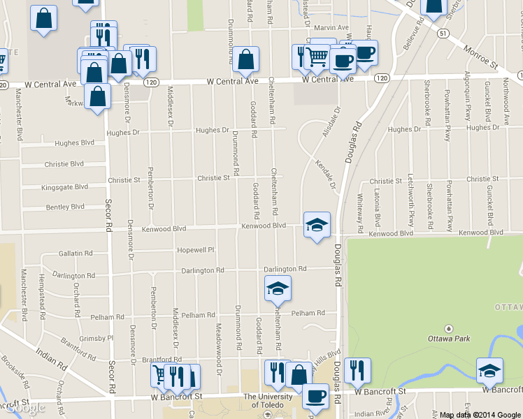 map of restaurants, bars, coffee shops, grocery stores, and more near 2624 Goddard Rd in Toledo